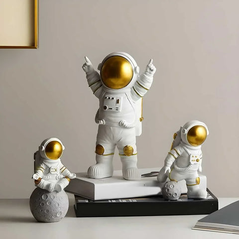 Astronaut Spaceman Statue Ornament Home Office Desktop Figurine Decors Set of 3 - Golden - Product Image