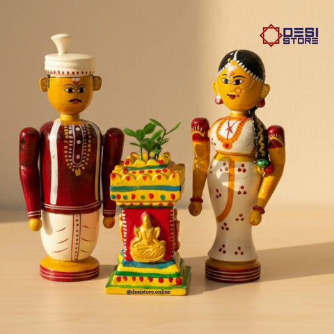 big size Married Couple with Tulasi Kota Set – 2 Color Variations| 12 inches | Perfect for wedding gift! | Kondapalli  Bommalu - Product Image