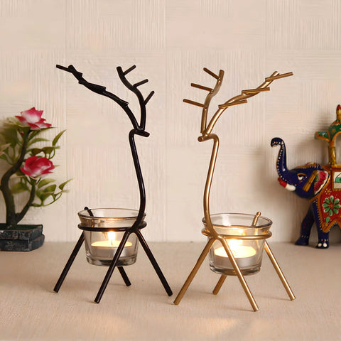 eCraftIndia Set of 2 Deer Shape Decorative Handcrafted Metal Tea Light Holder - Product Image