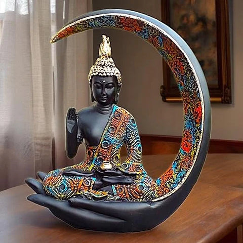Golden Buddha on Hand with Crescent Moon Showpiece | 9 Inch (22 cm) Resin Statue for Home Decor & Meditation | Desi Store - Product Image
