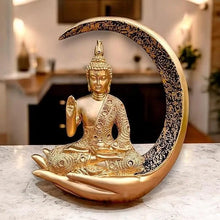 Golden Buddha on Hand with Crescent Moon Showpiece | 9 Inch (22 cm) Resin Statue for Home Decor & Meditation | Desi Store - Product Image