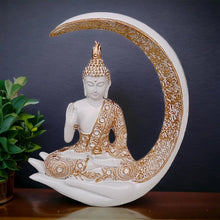 Golden Buddha on Hand with Crescent Moon Showpiece | 9 Inch (22 cm) Resin Statue for Home Decor & Meditation | Desi Store - Product Image