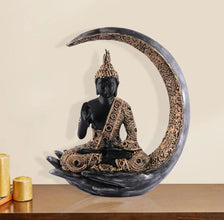 Golden Buddha on Hand with Crescent Moon Showpiece | 9 Inch (22 cm) Resin Statue for Home Decor & Meditation | Desi Store - Product Image