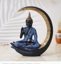 Golden Buddha on Hand with Crescent Moon Showpiece | 9 Inch (22 cm) Resin Statue for Home Decor & Meditation | Desi Store - Product Image