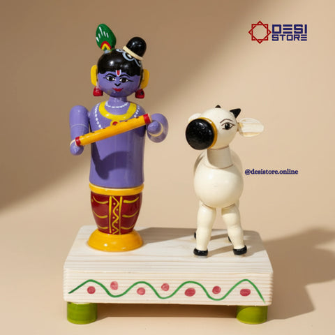 Krishna with Cow & Flute Handcrafted Kondapalli Toy Set | 6 inches - Product Image
