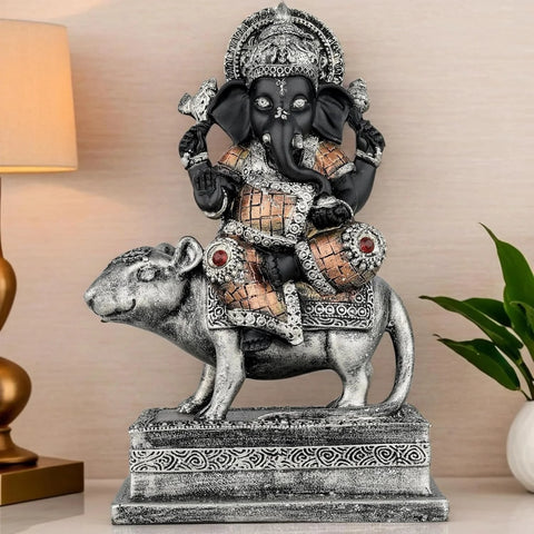 Lord Ganesha on Lion Statue – Royal Black Silver Finish (8 Inch) - Product Image