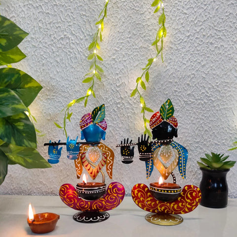 Lord Krishna Idol Tea Light Holder Set of 2 - Handmade Metal Multicolor for Housewarming Gifts, Home Temple Decor & Festivals - Product Image